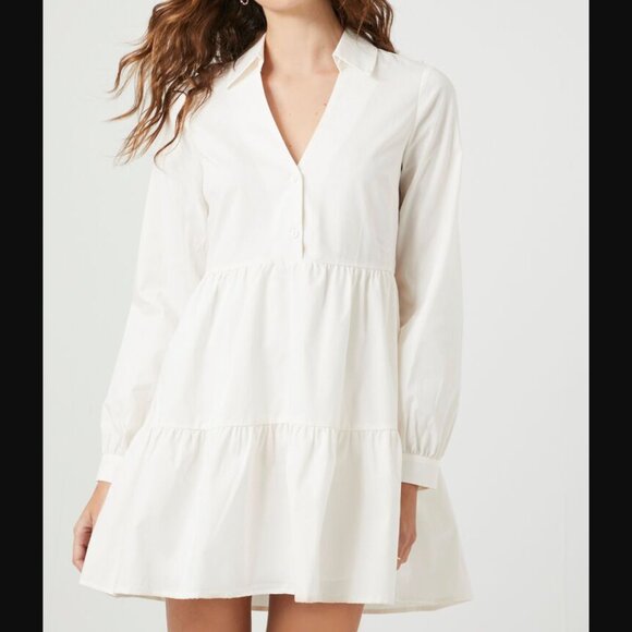 Forever 21 Small White Poplin Tiered Mini Shirt Dress NWT - Picture 1 of 6